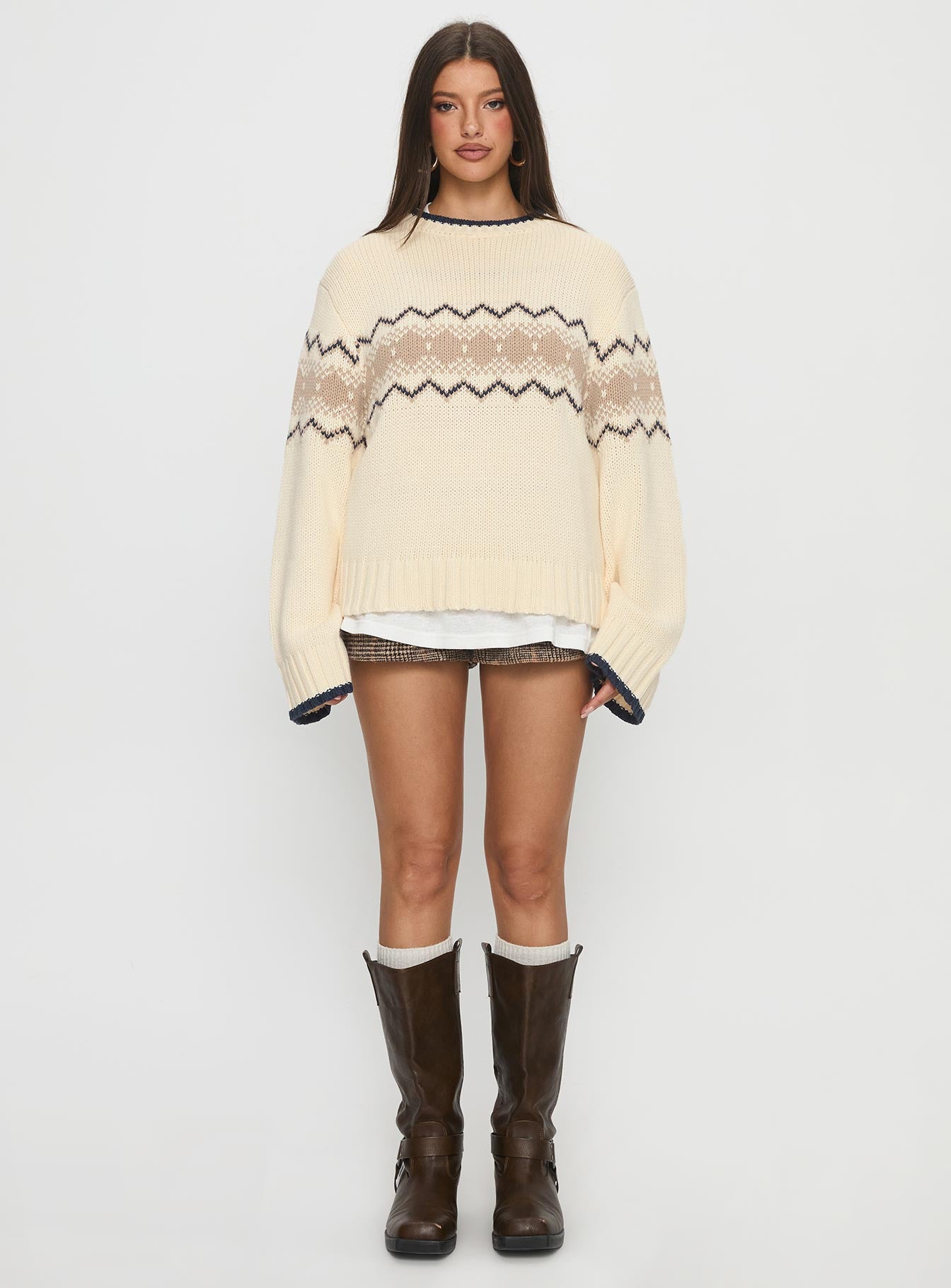 front view of model wearing Princess Polly Madalynn Knit Graphic Jumper Beige Long 