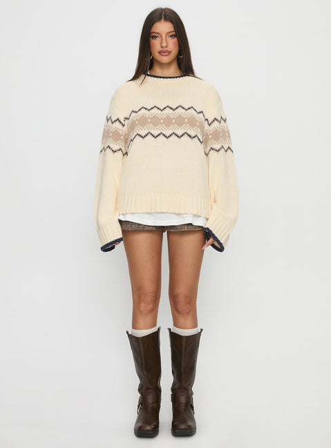 front view of model wearing Princess Polly Madalynn Knit Graphic Jumper Beige Long 