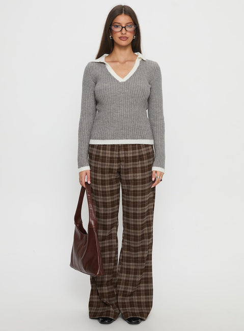 front view of model wearing Princess Polly Emiroki Straight Leg Pants Brown Check Mid Rise Pants 