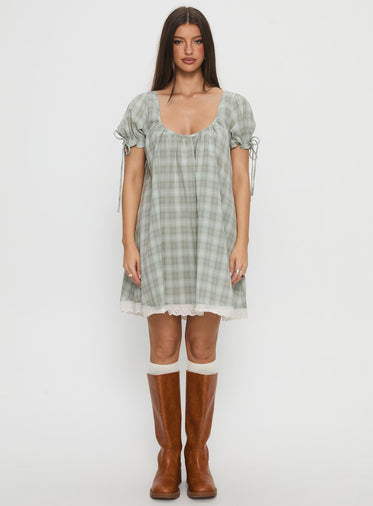 Embracing Puff Sleeve Swing Mini Dress Blue Check