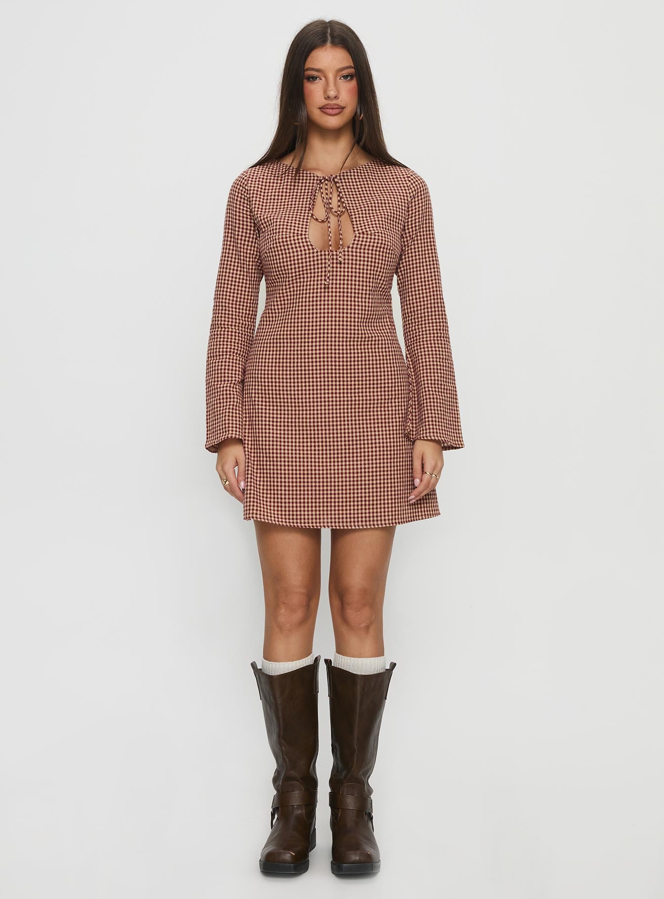 Kassidee Keyhole Long Sleeve Mini Dress Red Check | Princess Polly