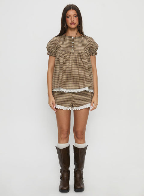 Chandelier Mini Lace Trim Shorts Brown Check