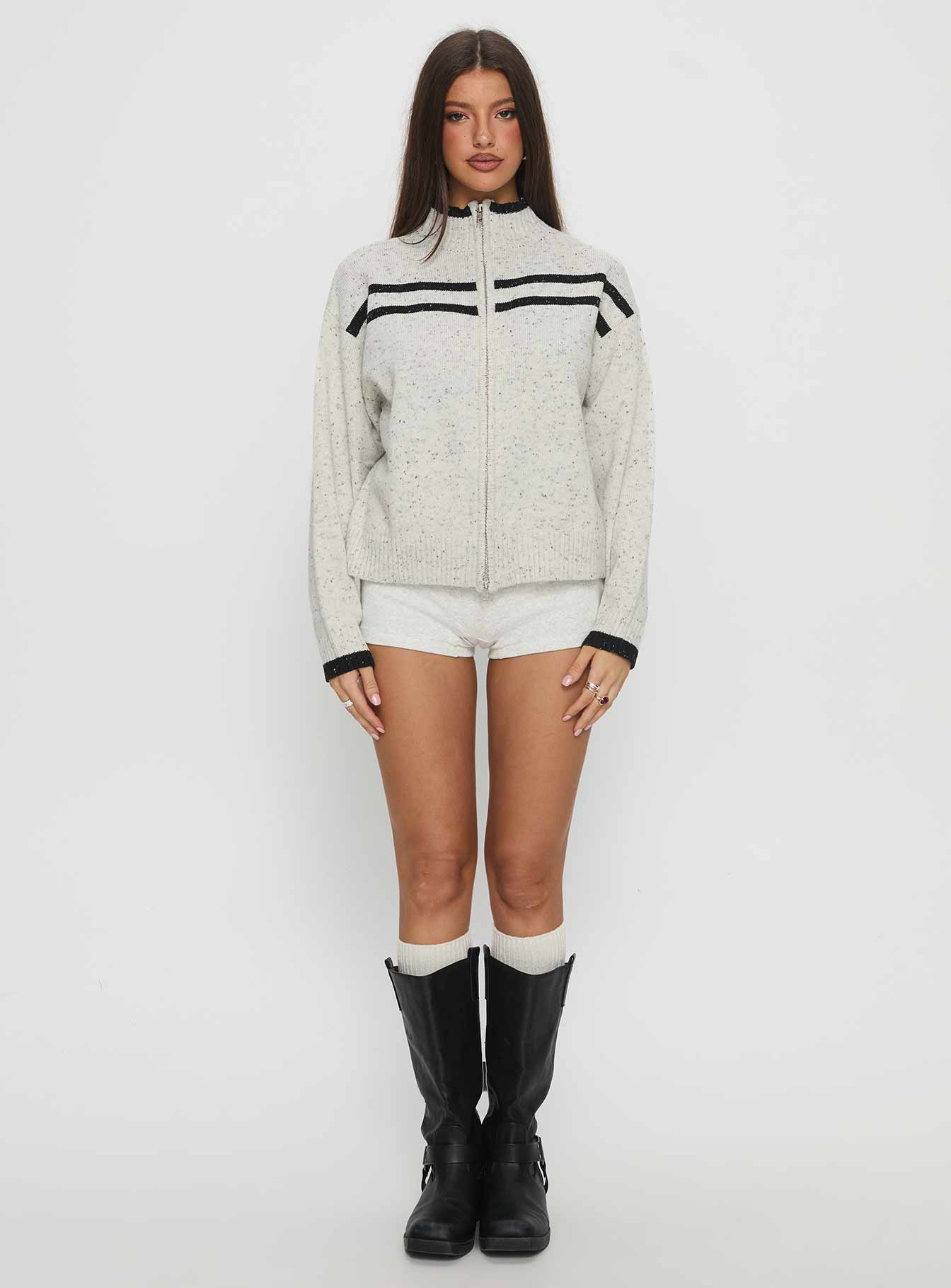 front view of model wearing Princess Polly Overstayed Zip Through Cardigan Grey 