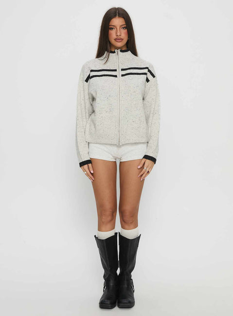front view of model wearing Princess Polly Overstayed Zip Through Cardigan Grey 