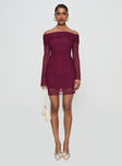 front view of model wearing Princess Polly Consideration Mini Dress Burgundy Straight Neck 