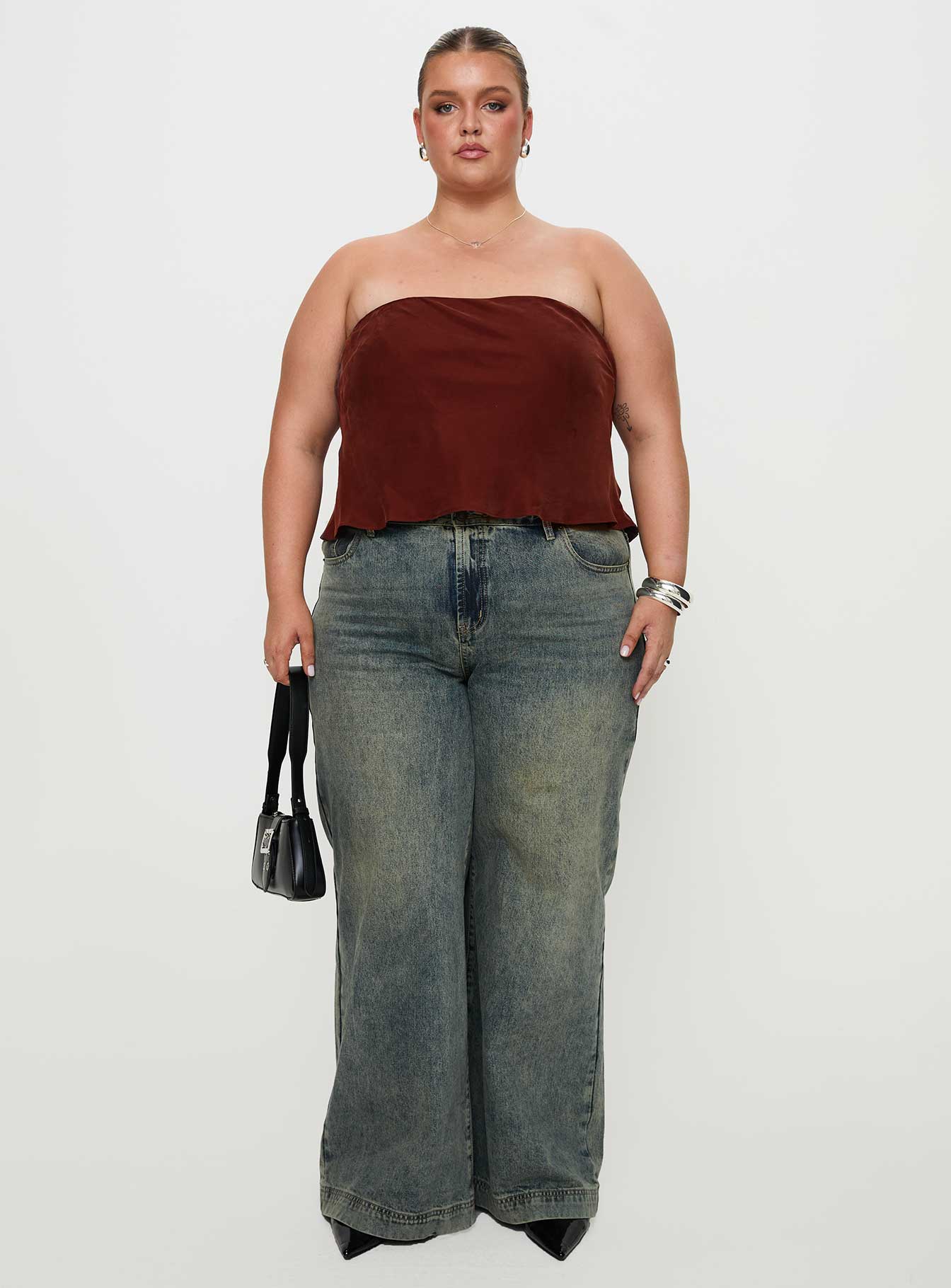 back view of model wearing Princess Polly Lucelia Strapless Top Brown Curve Sleeveless straight 