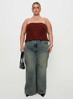 back view of model wearing Princess Polly Lucelia Strapless Top Brown Curve Sleeveless straight 