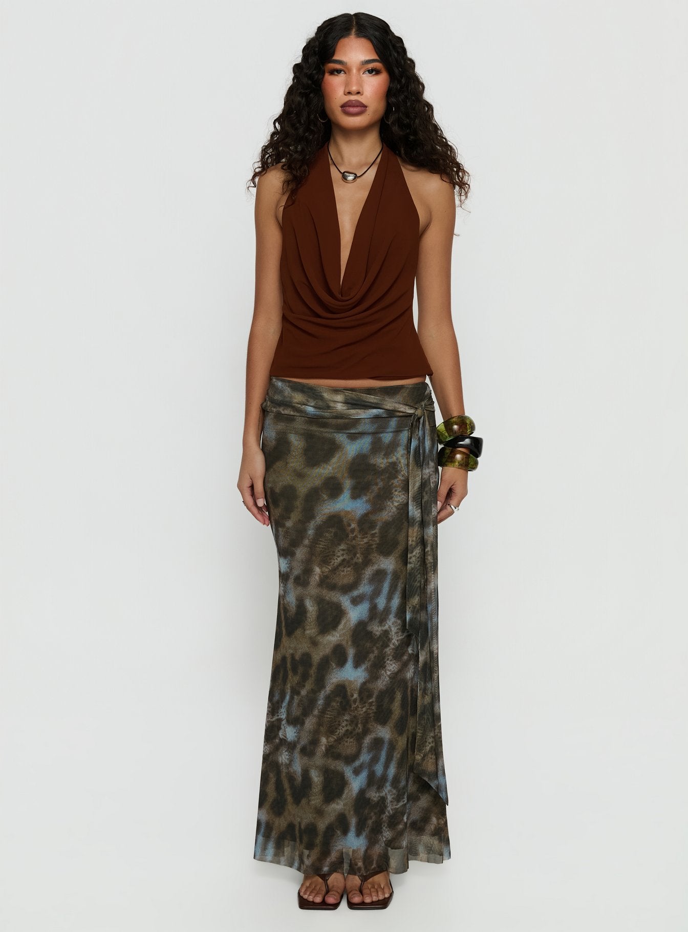   front view of model wearing Princess Polly Caviar Tie Maxi Skirt Leopard 