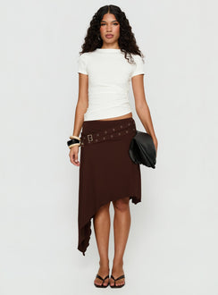 back view of model wearing Princess Polly Lorensa Double Buckle Asymmetrical Midi Skirt Brown Midi Skirts 