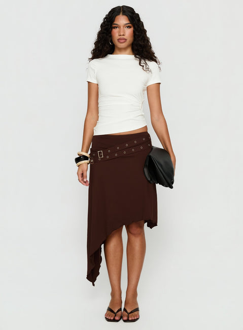 back view of model wearing Princess Polly Lorensa Double Buckle Asymmetrical Midi Skirt Brown Midi Skirts 