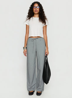 front view of model wearing Princess Polly Idolised Tie Waist Pant Grey Pinstripe Mid Rise Pants 