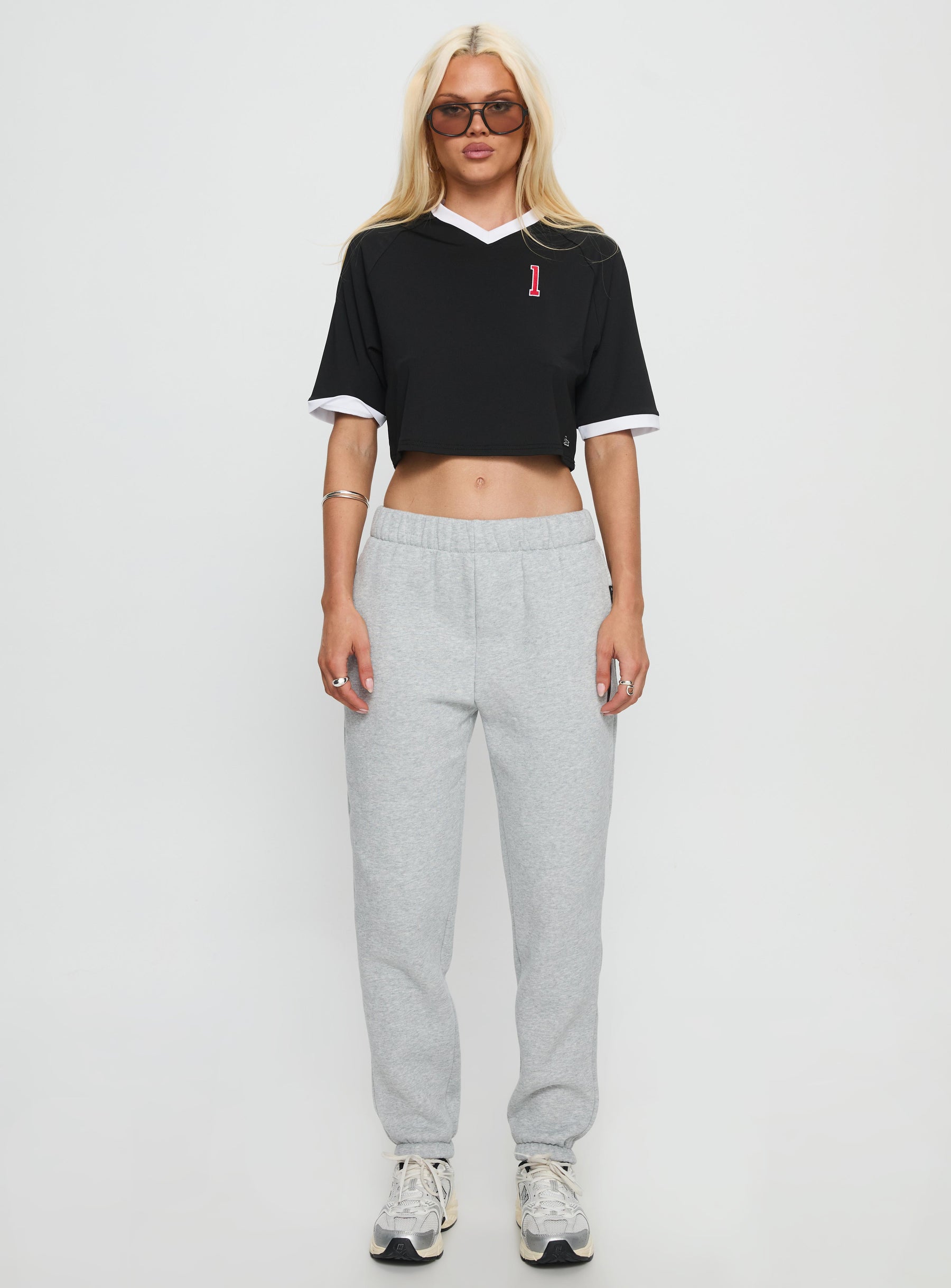 back view of model wearing Princess Polly Ohio State Basic Sweatpants Grey Mid Rise Pants 