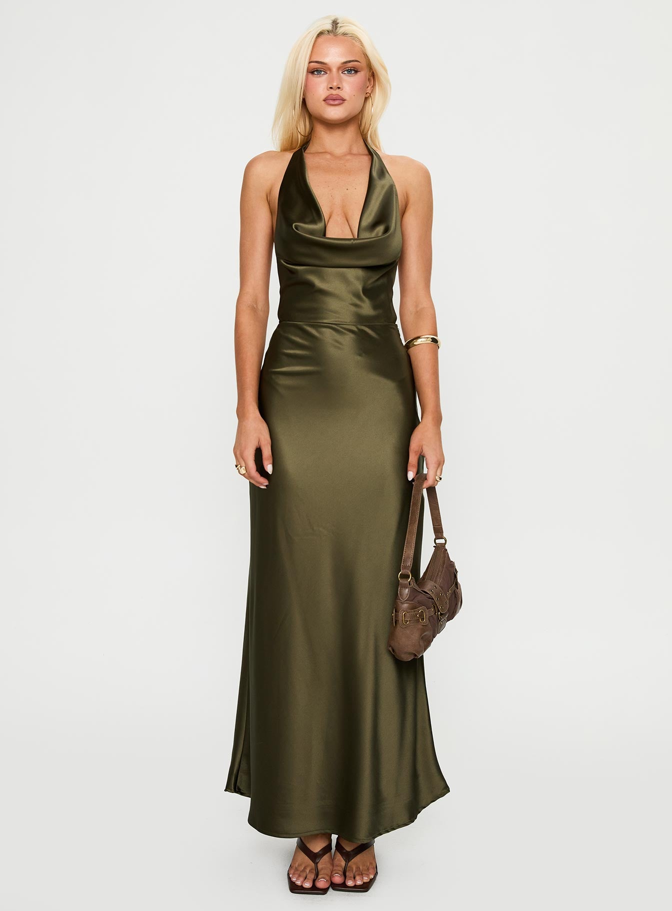 front view of model wearing Princess Polly Iridescent Plunge Maxi Dress Olive Green Plunger 