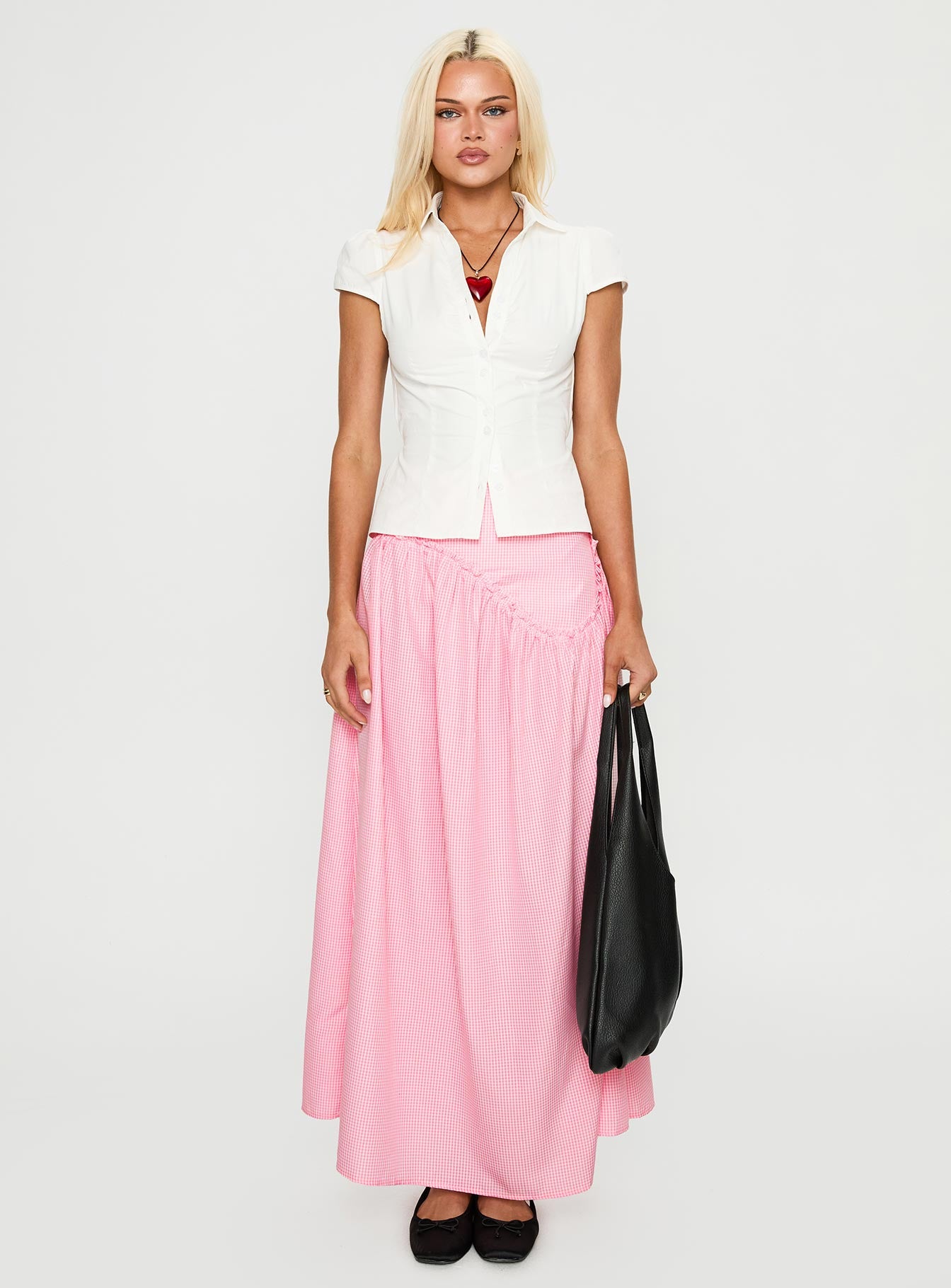 back view of model wearing Princess Polly Apresia Maxi Skirt Pink Gingham Maxi 