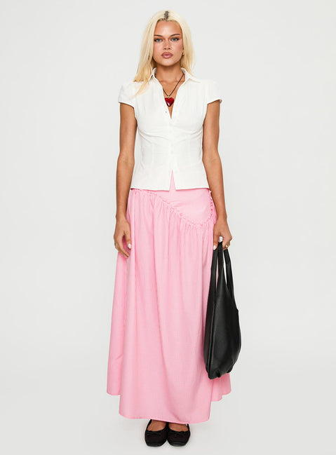 back view of model wearing Princess Polly Apresia Maxi Skirt Pink Gingham Maxi 