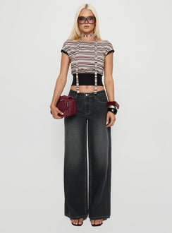front view of model wearing Princess Polly Ramos Low Rise Wide Leg Jeans Dark Grey Wash Low Rise Jeans 