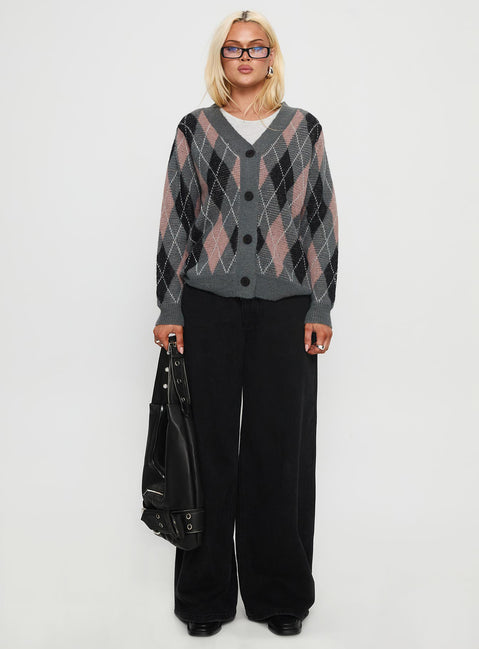 front view of model wearing Princess Polly Zeeva Button Through Knit Cardigan Grey Argyle Long 