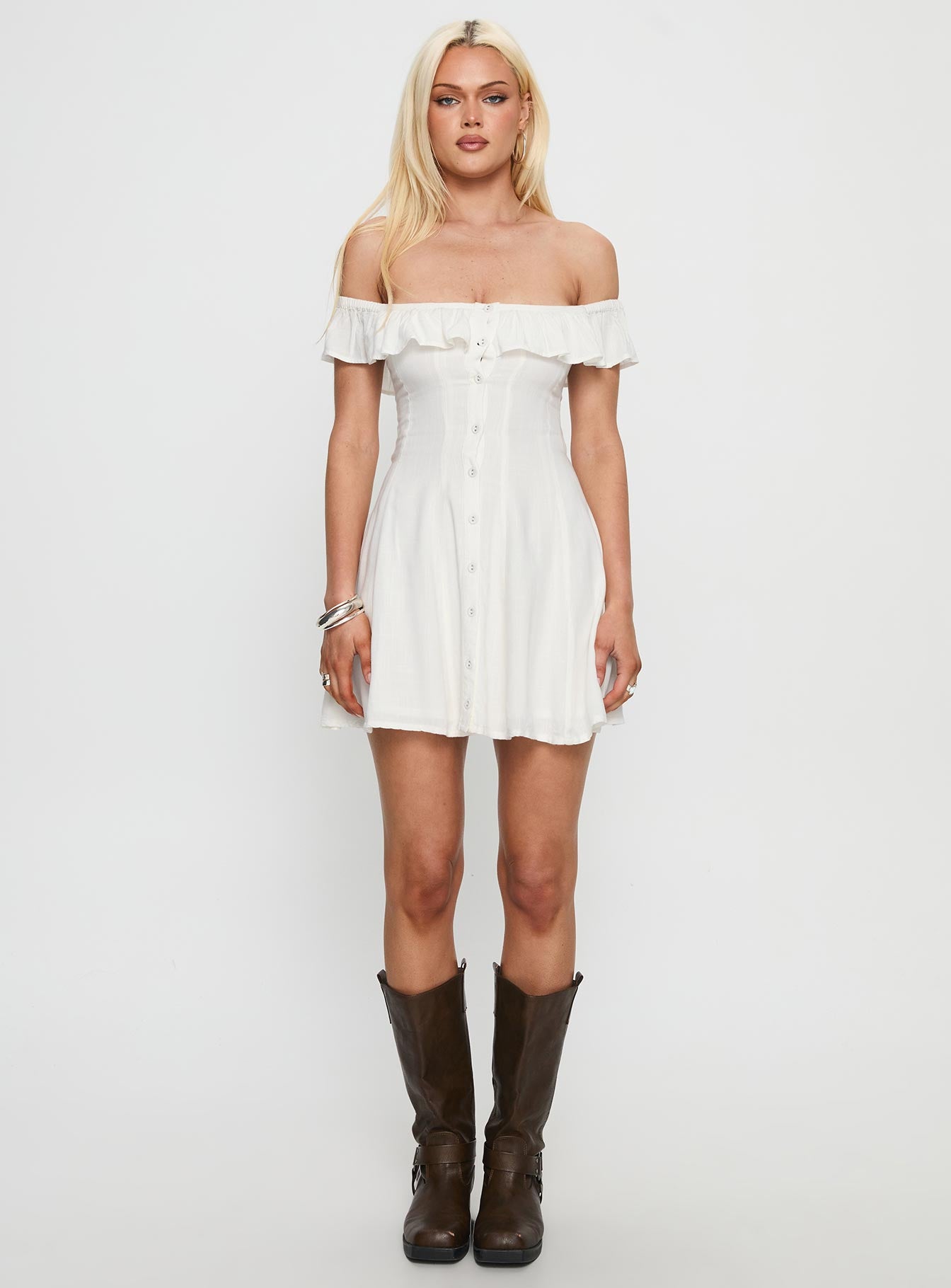 ワンピース Frill mini dress (Ivory) Shop the Hollyn One-Shoulder Ruffle Mini Dress White