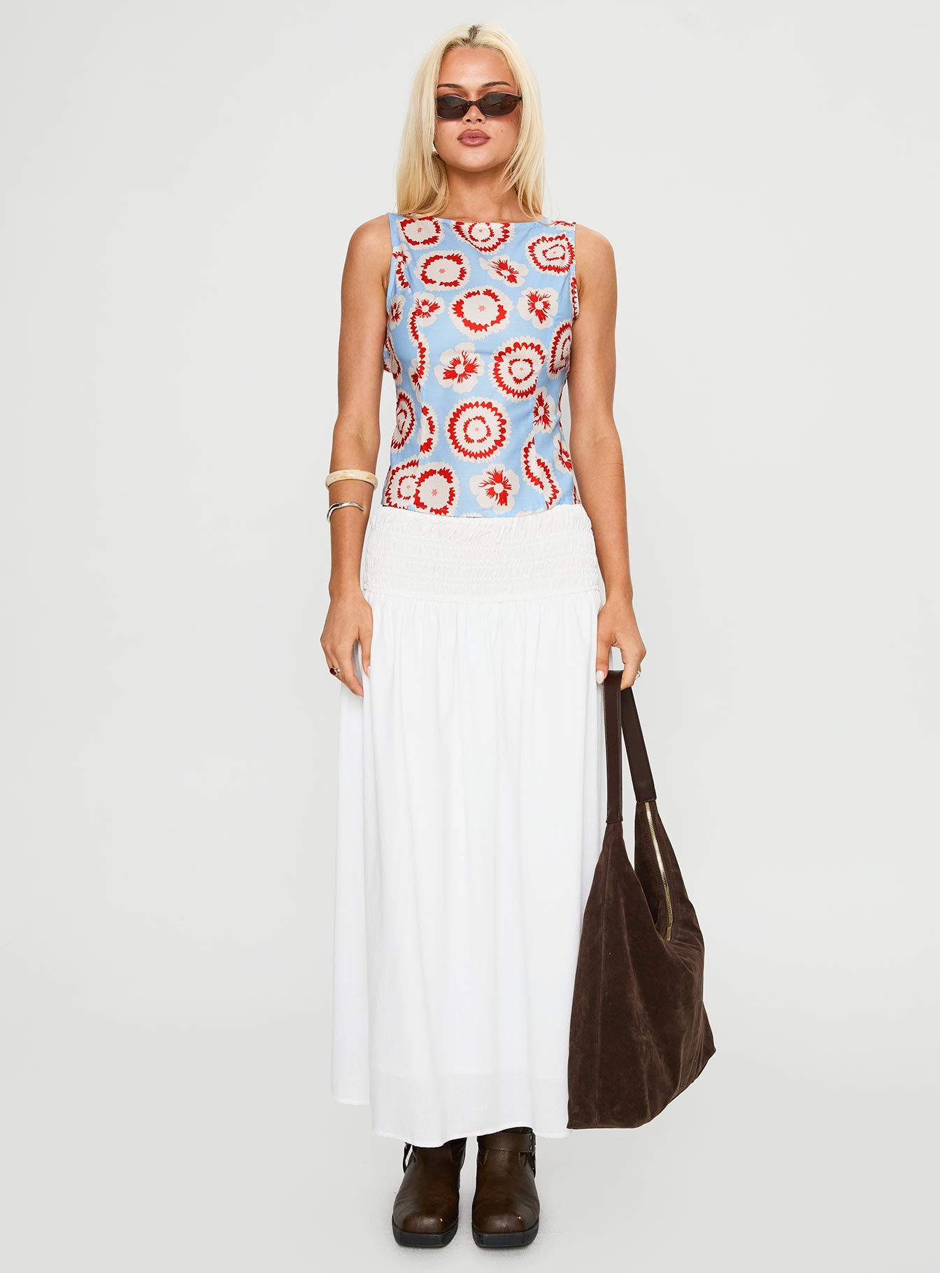 front view of model wearing Princess Polly Lilitina Top Multi Floral Sleeveless Crew Neck 