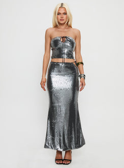   front view of model wearing Princess Polly Kalokairi Cut Out Maxi Skirt Black Maxi 