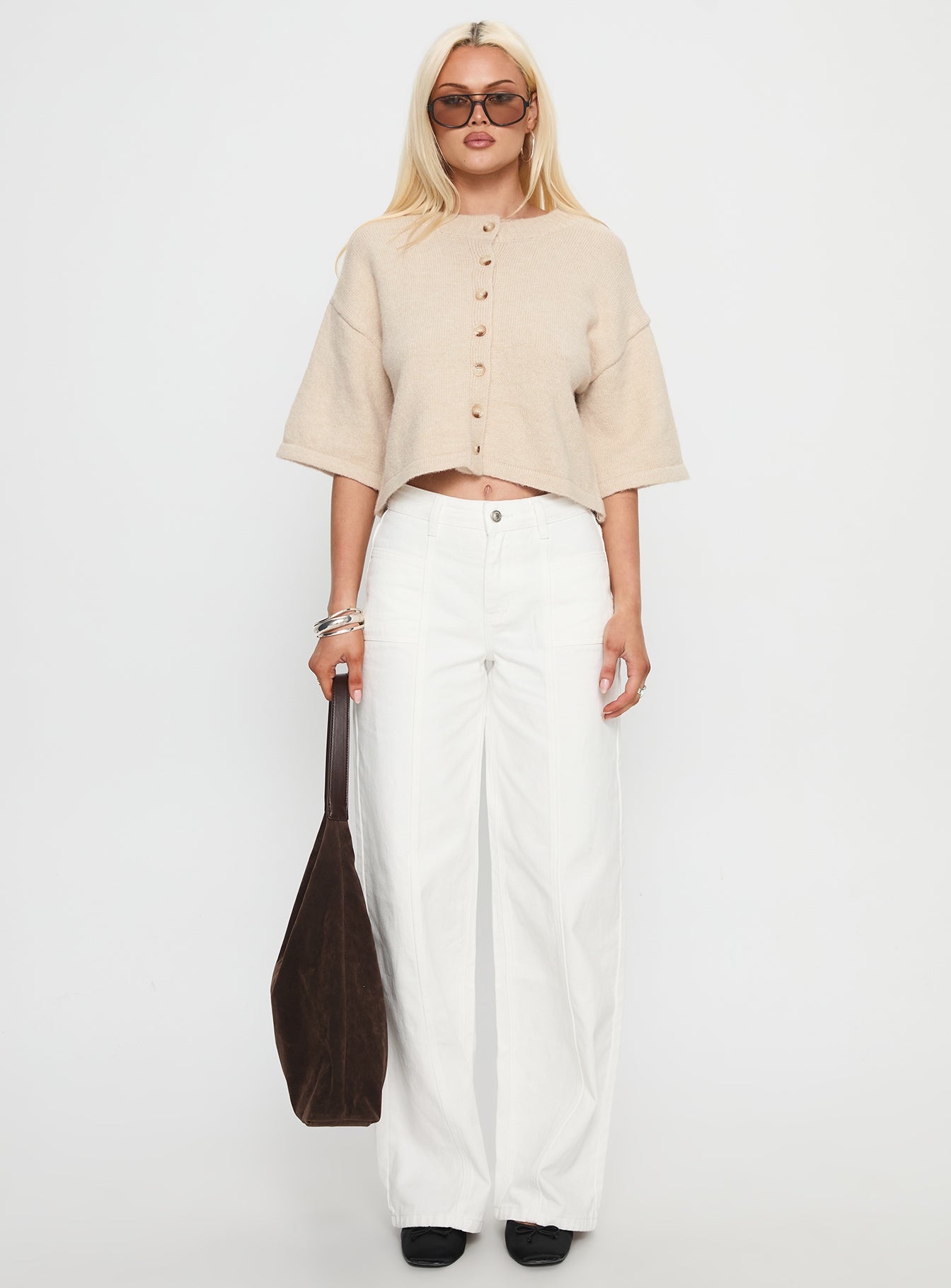 side view of model wearing Princess Polly Verina Short Sleeve Knit Cardigan Oat cropped 