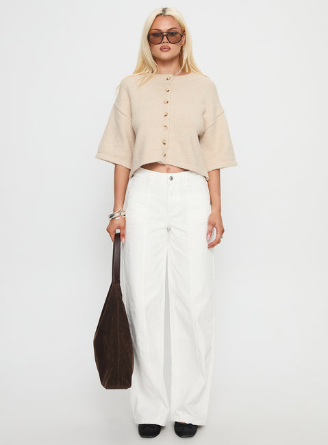 side view of model wearing Princess Polly Verina Short Sleeve Knit Cardigan Oat cropped 