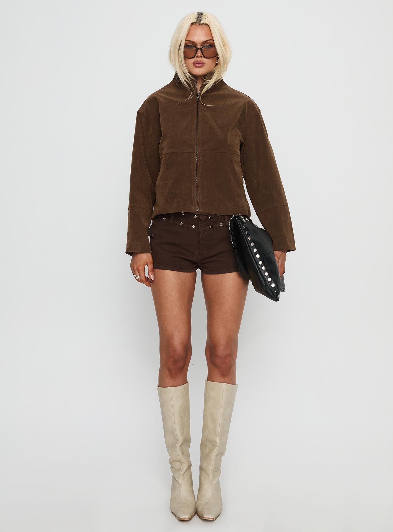 Jessalynn Faux Suede Zip Through Jacket Brown | Princess Polly