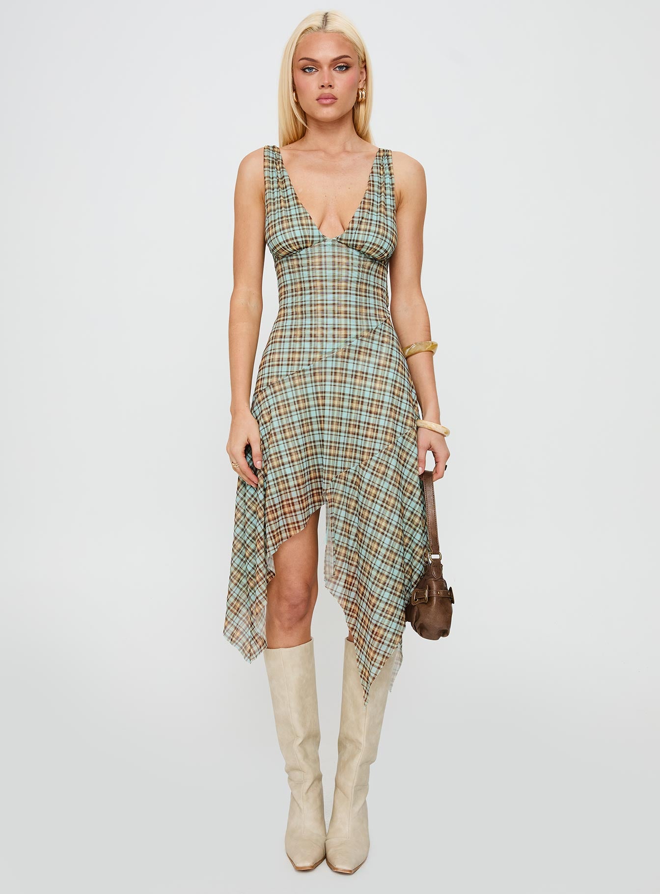 lace up plaid asymmetrical dress Kalia Plaid Boho Asymmetric Wrap Dress - Sheer Ruffle Designer Dress