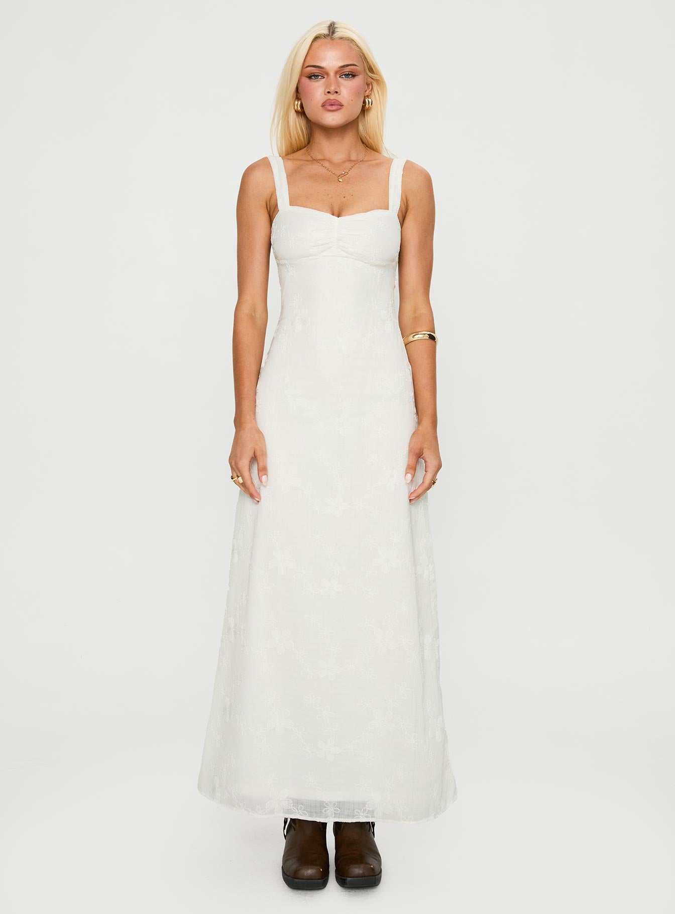 front view of model wearing Princess Polly Maisone Broderie Maxi Dress White Sweetheart Neckline 