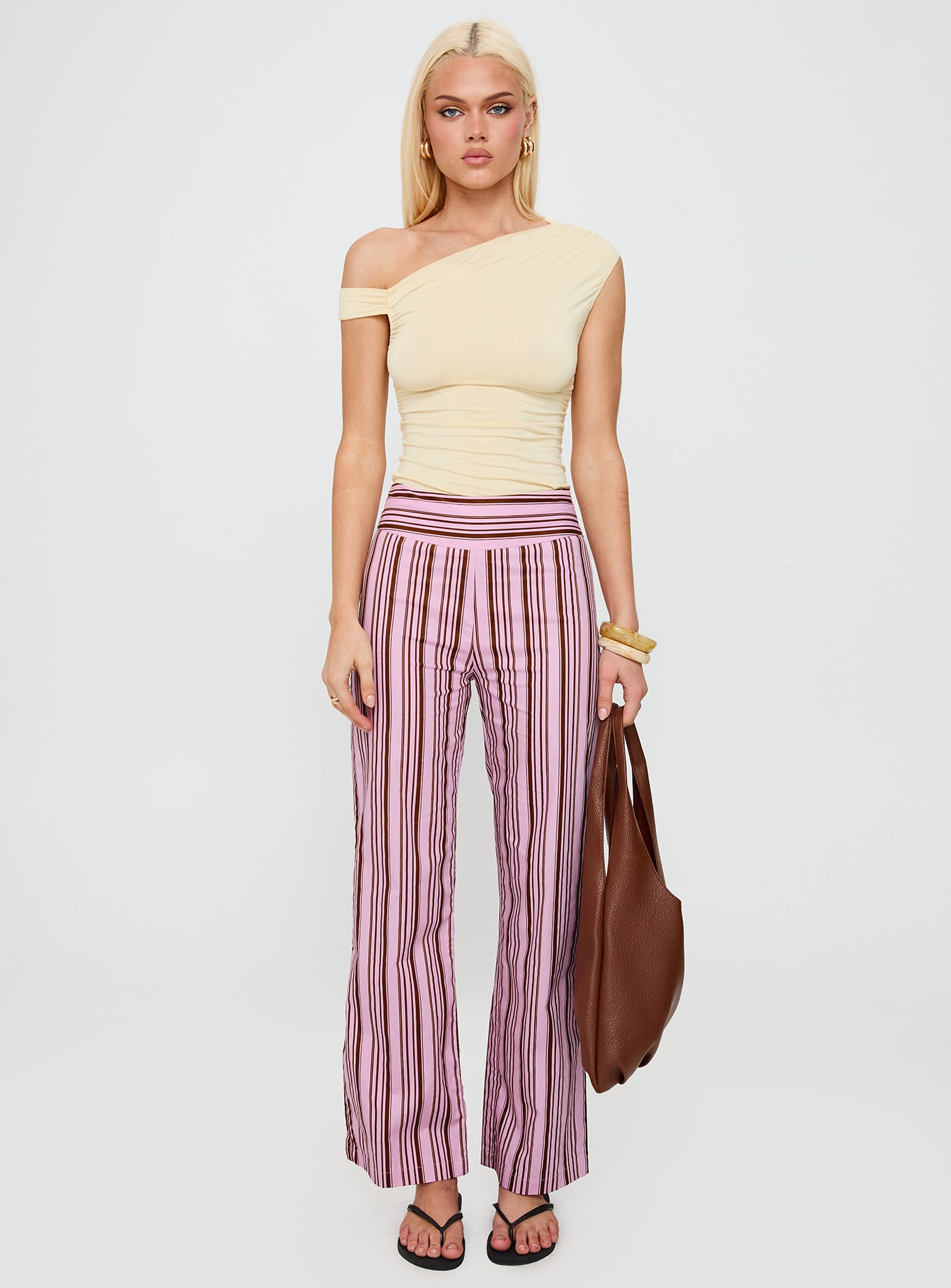 front view of model wearing Princess Polly Leocadie Pants Pink Stripe High Waisted Pants 