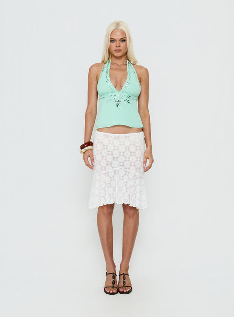  side view of model wearing Princess Polly Elphie Sheer Lace Midi Skirt White 