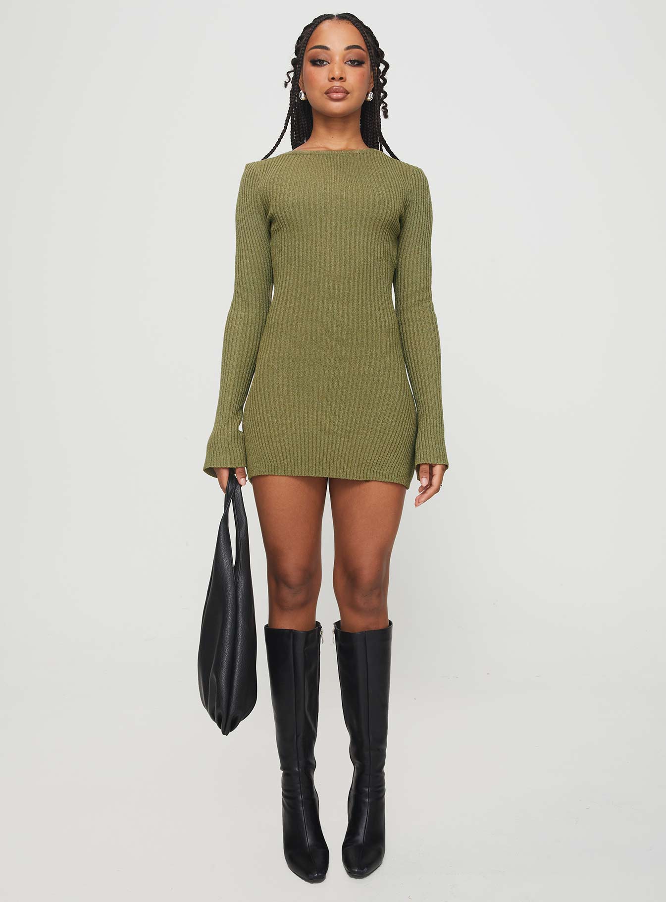 front view of model wearing Princess Polly Osment Long Sleeve Knit Mini Dress Olive Boat Neck 