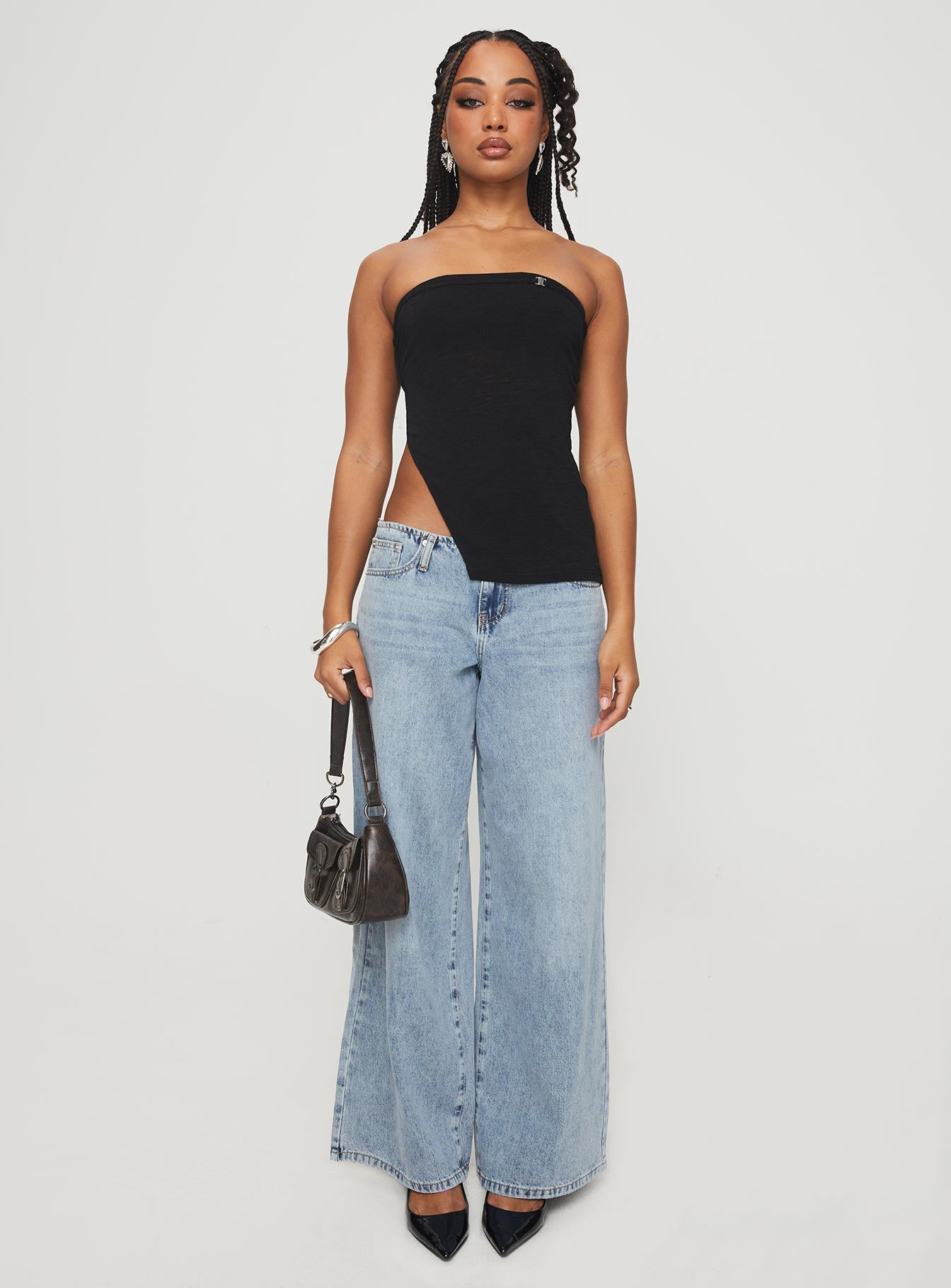 side view of model wearing Princess Polly Chardonay Strapless Top Black Sleeveless straight 