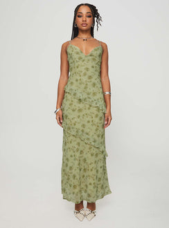 front view of model wearing Princess Polly Teffoli Maxi Dress Green Plunger 
