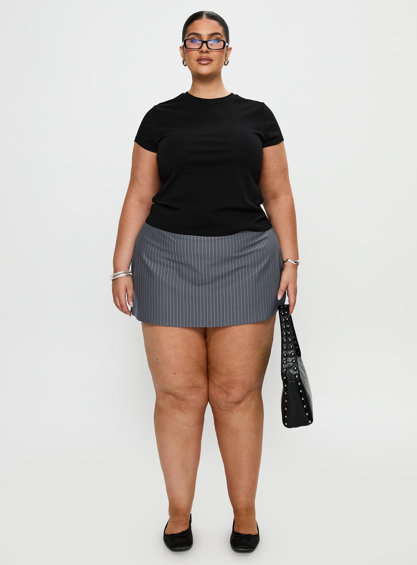 front view of model wearing Princess Polly Can't Sleep Skort Charcoal Stripe Curve High Waisted Shorts 