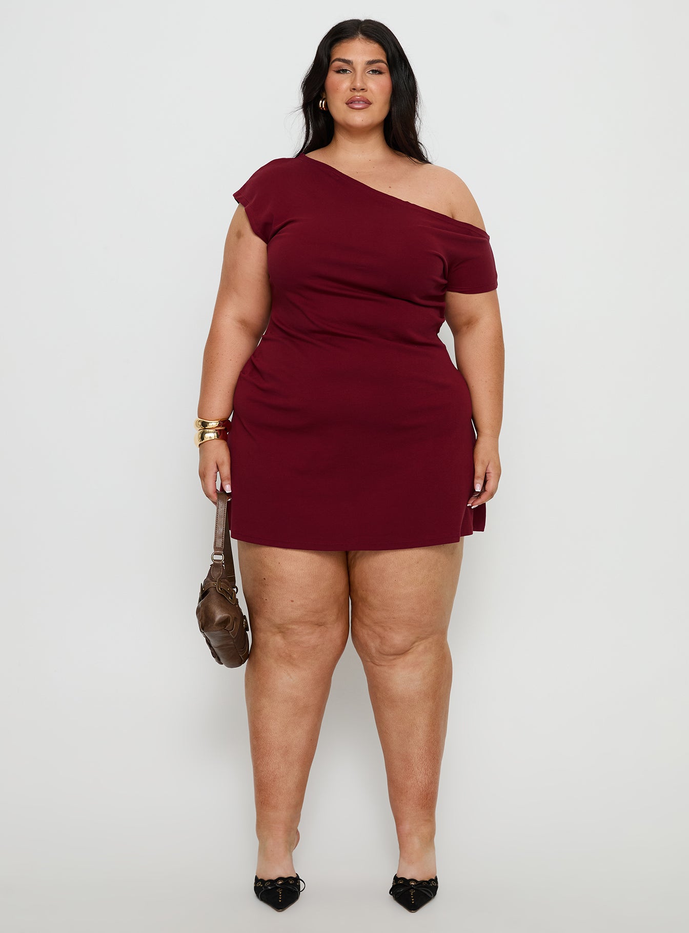 Prestige One Shoulder Mini Dress Burgundy Curve
