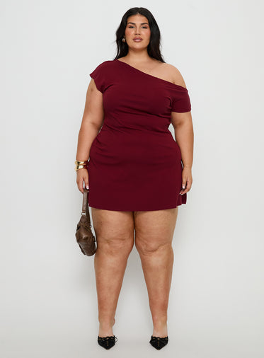 Prestige One Shoulder Mini Dress Burgundy Curve