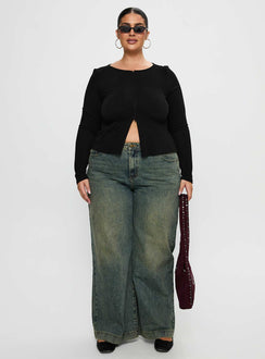 back view of model wearing Princess Polly Kortez Long Sleeve Zip Through Top Black Curve Full Sleeves Crew Neck 