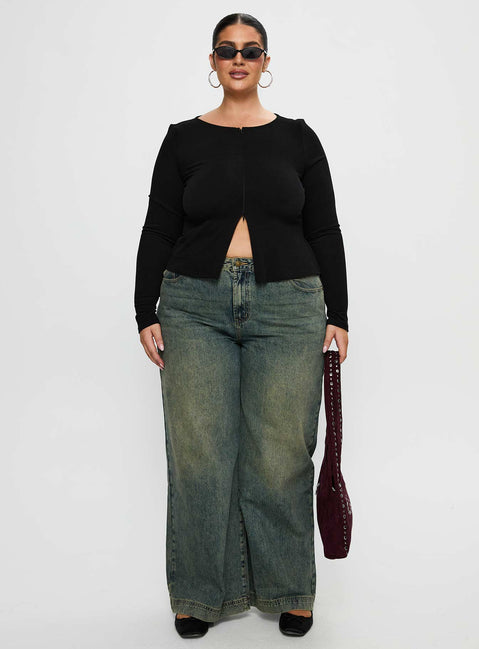 back view of model wearing Princess Polly Kortez Long Sleeve Zip Through Top Black Curve Full Sleeves Crew Neck 