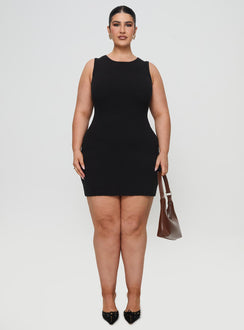 front view of model wearing Princess Polly Osment Knit Mini Dress Black Curve Crew Neck 