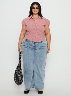 Float Away Button Up Top Red Check Curve