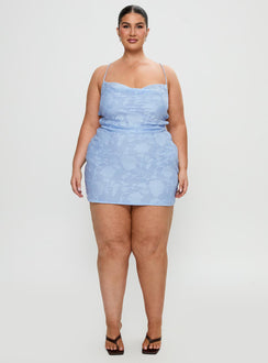 front view of model wearing Princess Polly Celena Mini Dress Light Blue Burnout Curve Cowl Neck 