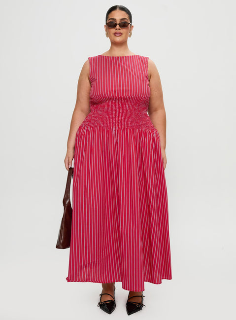 front view of model wearing Princess Polly Lilienne Cotton Poplin Maxi Dress Red Stripe Curve Crew Neck 