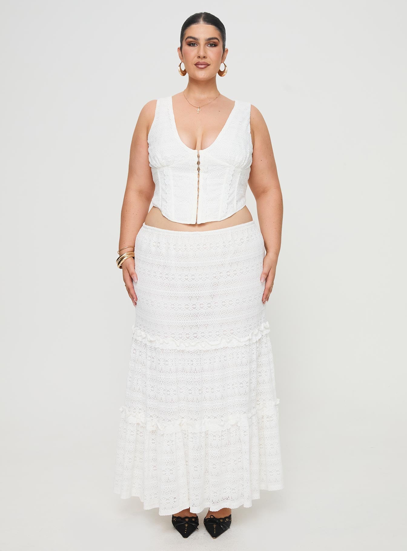   front view of model wearing Princess Polly Buttacupe Lace Maxi Skirt White Curve Maxi 