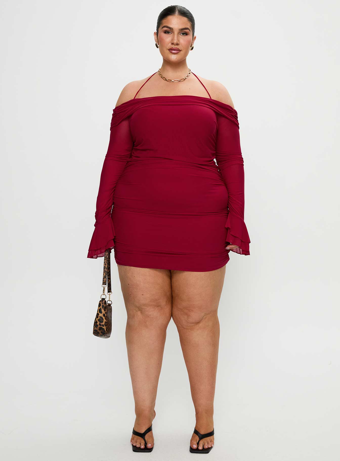 front view of model wearing Princess Polly Taylon Off The Shoulder Mini Dress Red Curve Straight Neck 