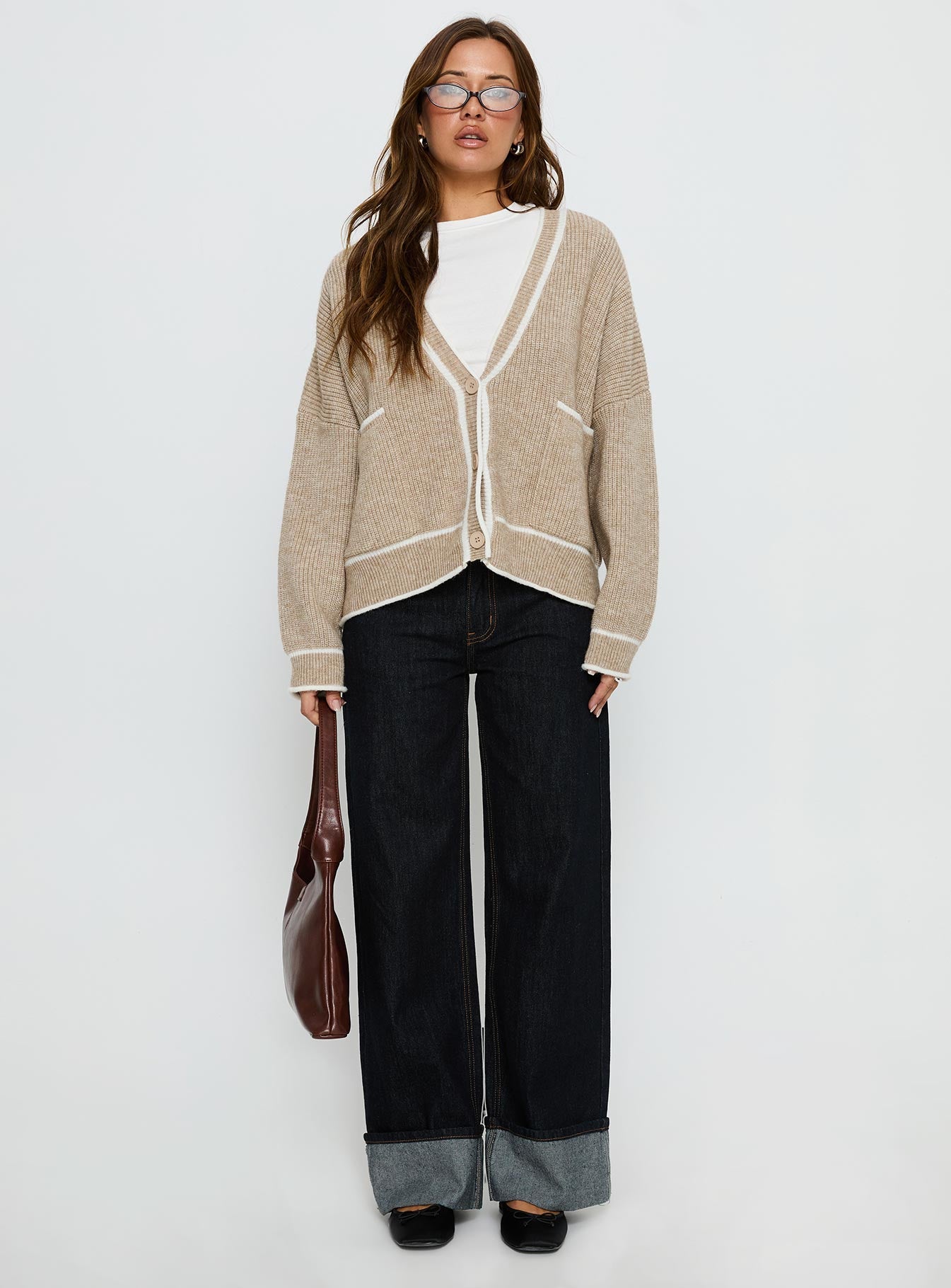 front view of model wearing Princess Polly Cressara Contrast Knit Cardigan Beige / White Cropped Jumpers 