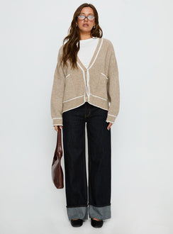 front view of model wearing Princess Polly Cressara Contrast Knit Cardigan Beige / White Cropped Jumpers 