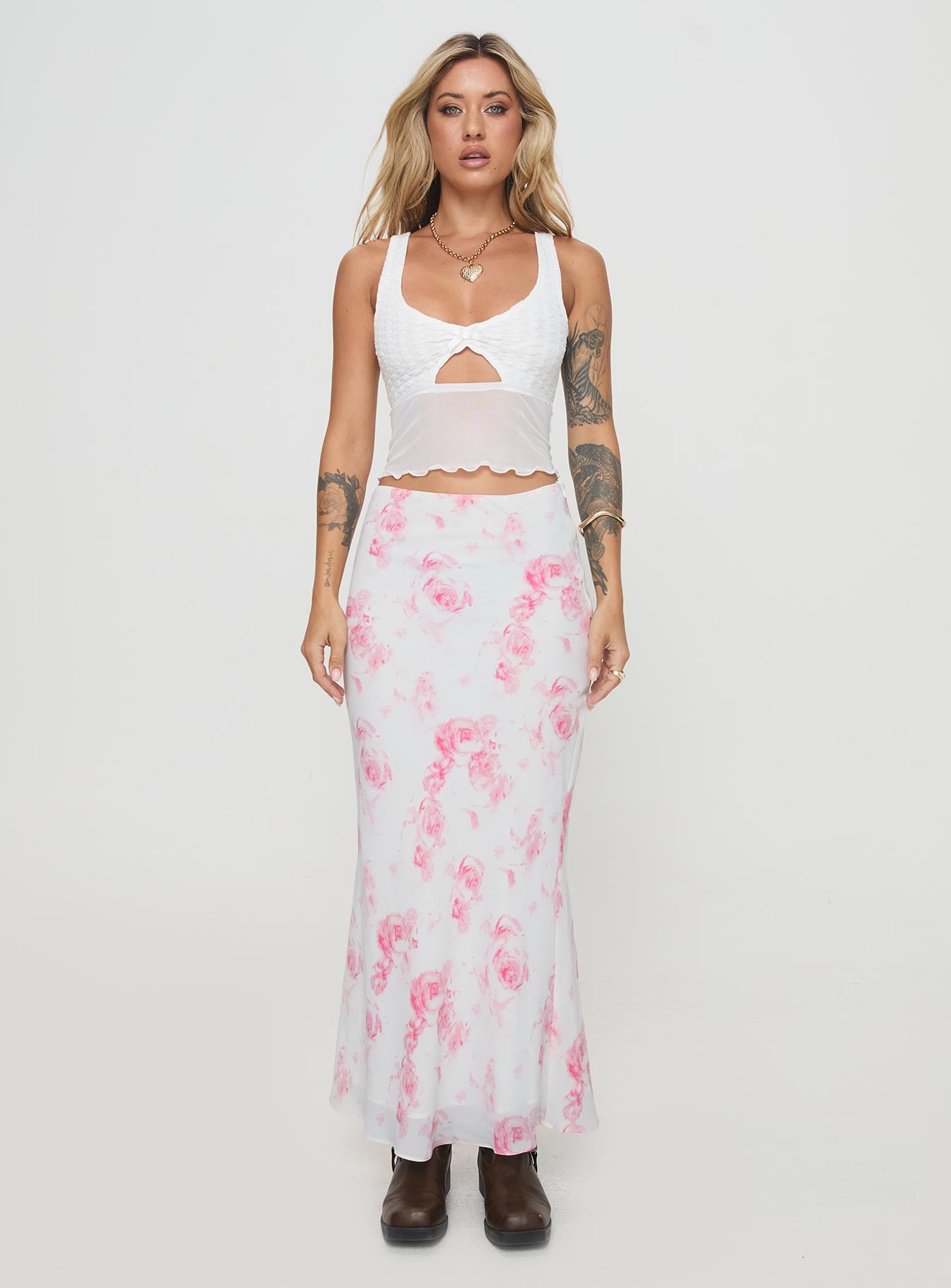 front view of model wearing Princess Polly Marcellus Top White Sleeveless Plunger 