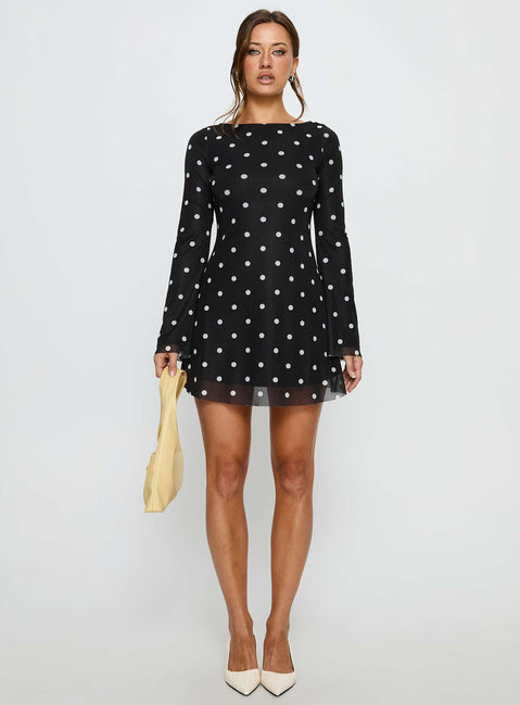 Lukea Long Sleeve Mini Dress | Black Polka Dot | Womens | Princess Polly Lower Impact Lukea Long Sleeve Mini Dress | Black Polka Dot | Womens | Princess Polly Lower Impact