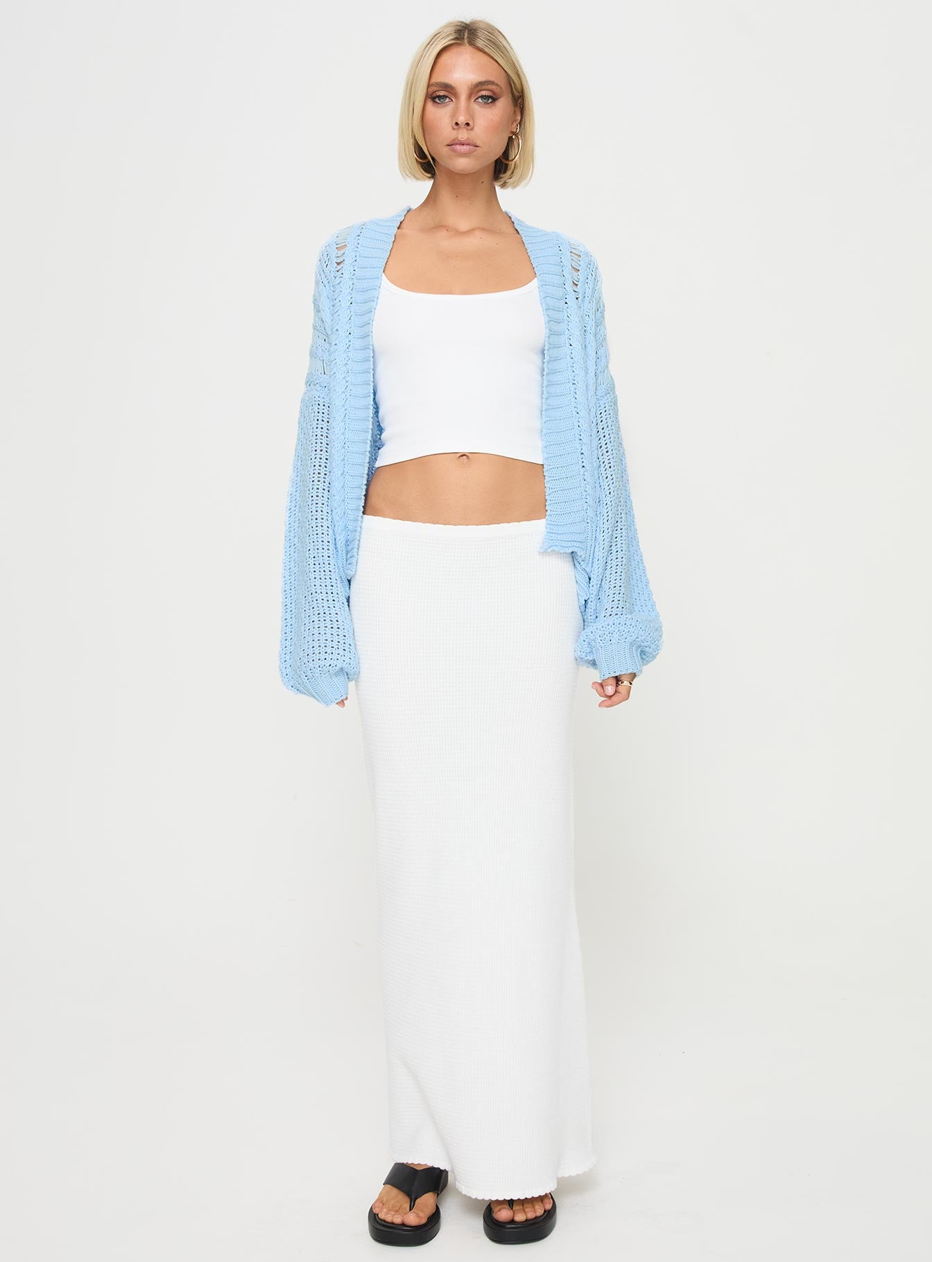 front view of model wearing Princess Polly Abner Cable Cardigan Blue regular 